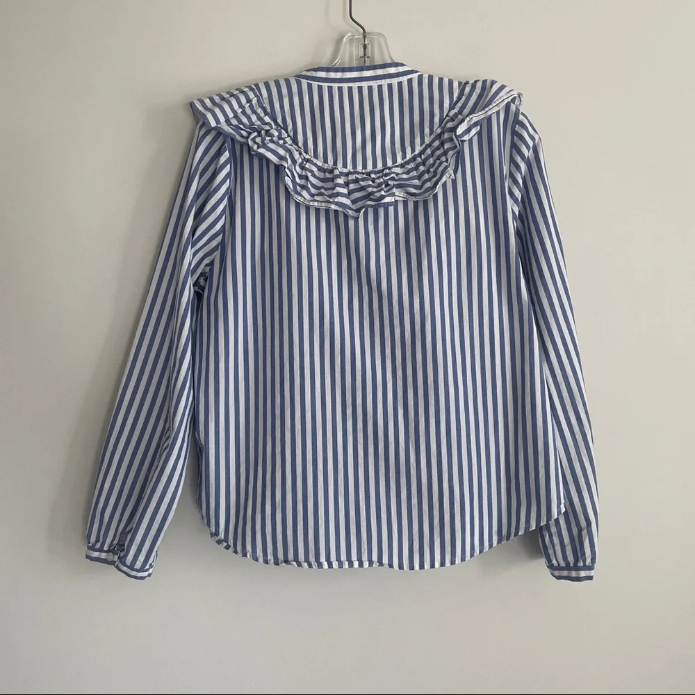 MADEWELL STRIPED RUFFLE FRONT BLOUSE BLUE WHITE - Picture 11 of 13